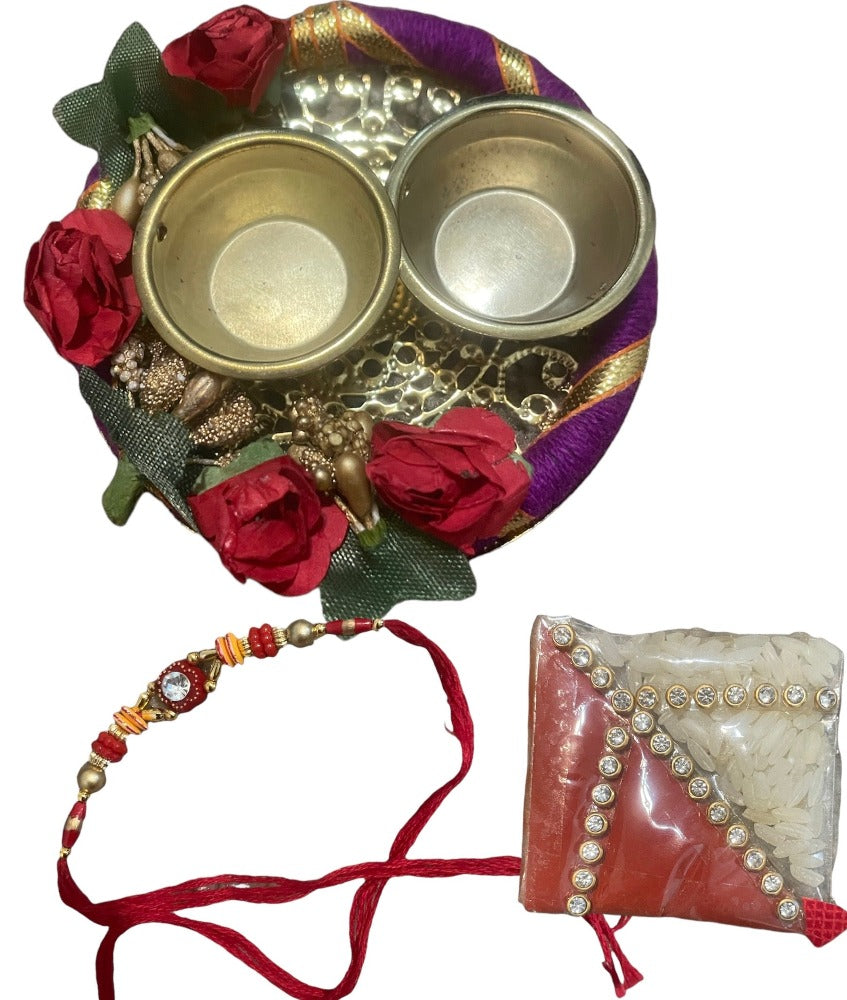 Complete Raksha Bandhan Thali Set with Rakhi, Roli, Chawal, and Dual Bowls / Ruchi