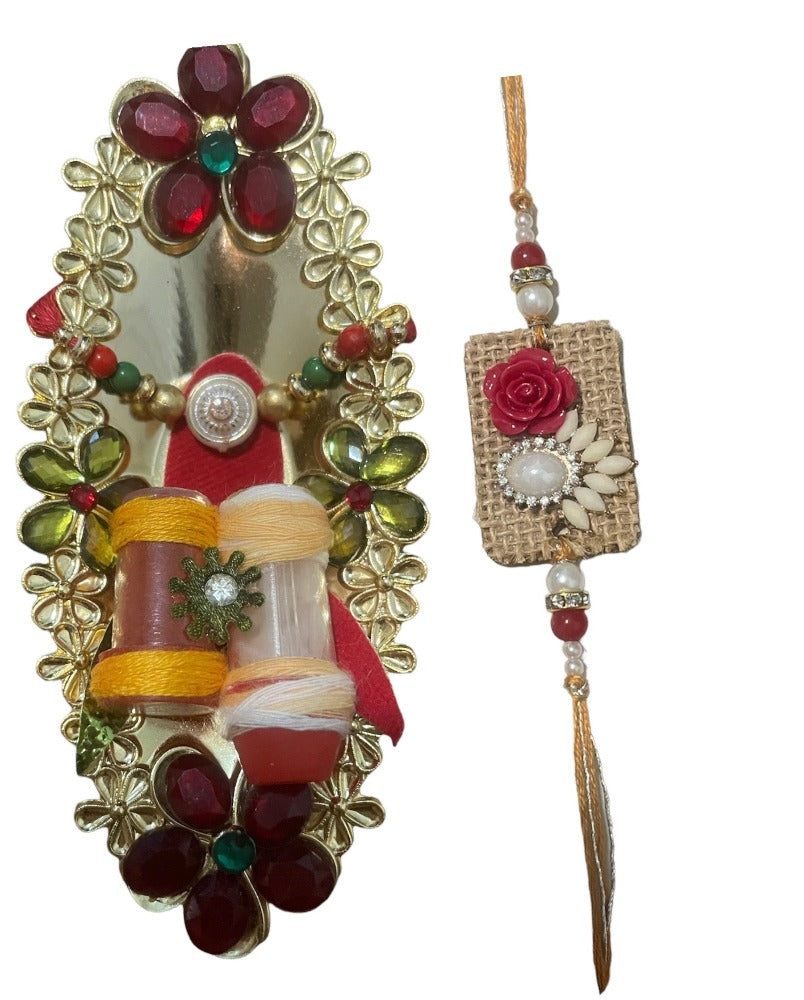 Enchanting Stone Adorned Thali And 2 Rakhi Set For Raksha Bandhan Celebration / Ruchi