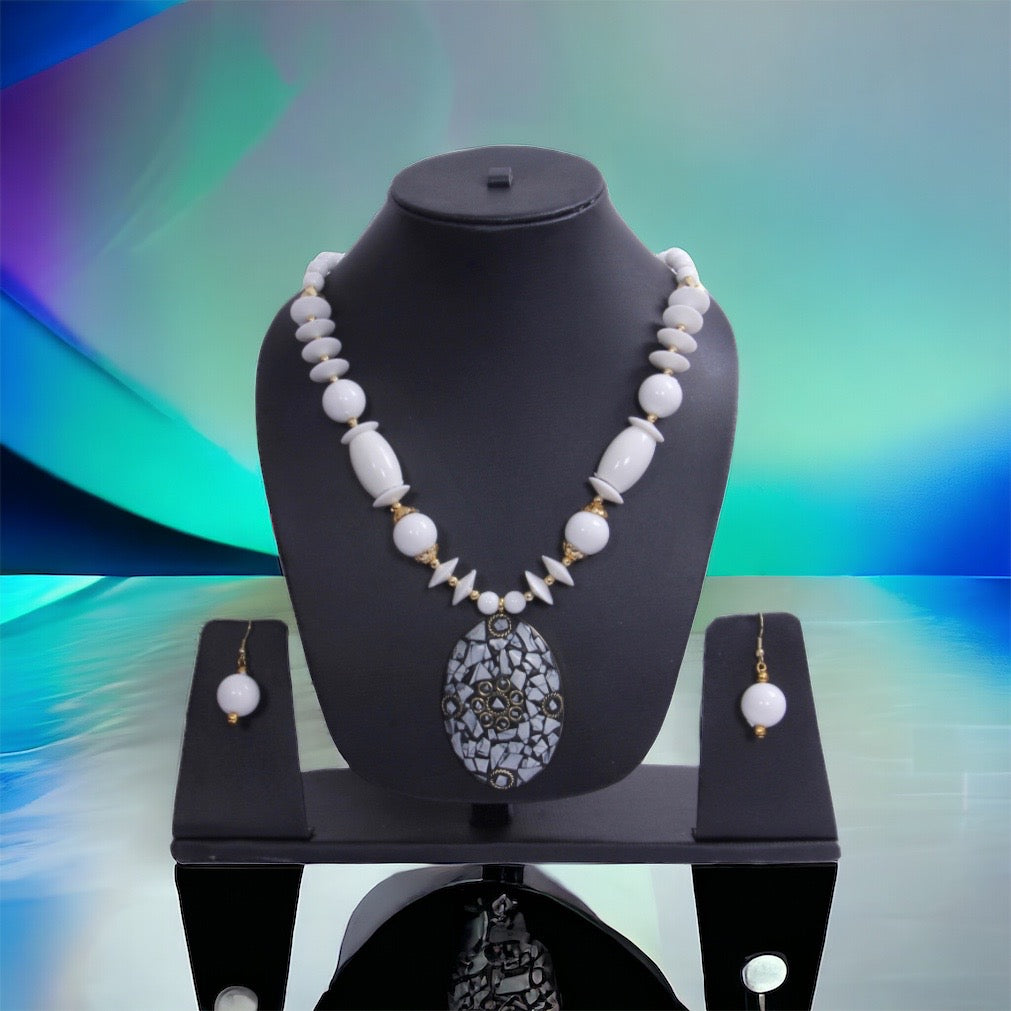 Alluring Oval Pendant White Wooden Beaded Necklace And Earrings Set / Ruchi