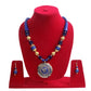 Enticing Blue Circular Pendant Wooden Beaded Colorful Stone Necklace And Earrings / Ruchi