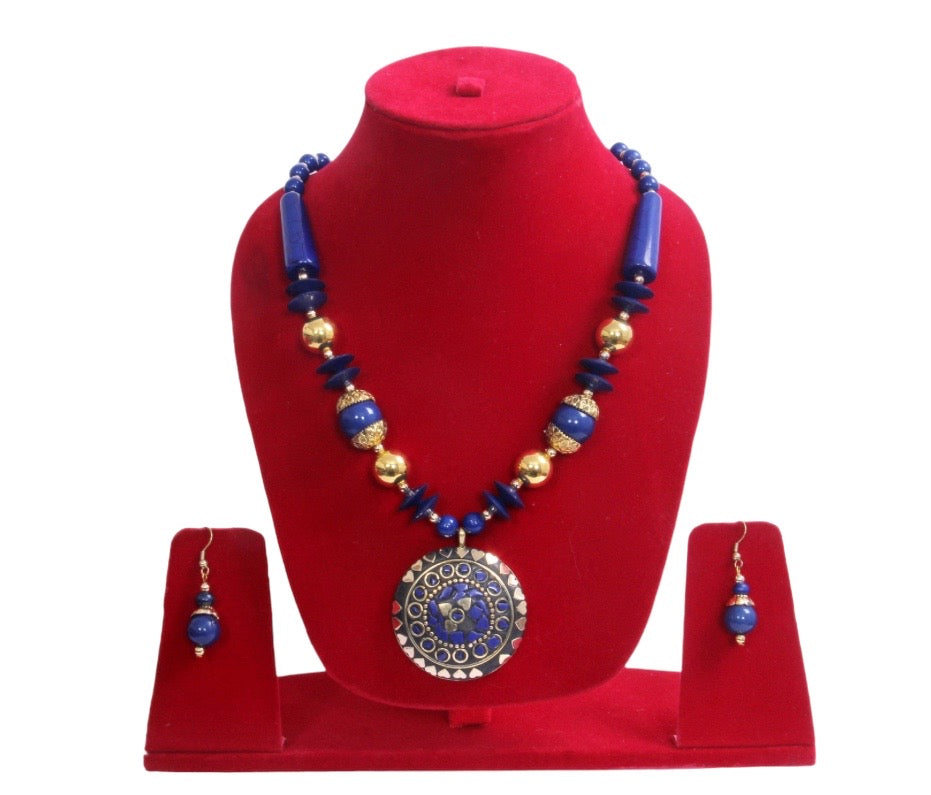 Enticing Blue Circular Pendant Wooden Beaded Colorful Stone Necklace And Earrings / Ruchi