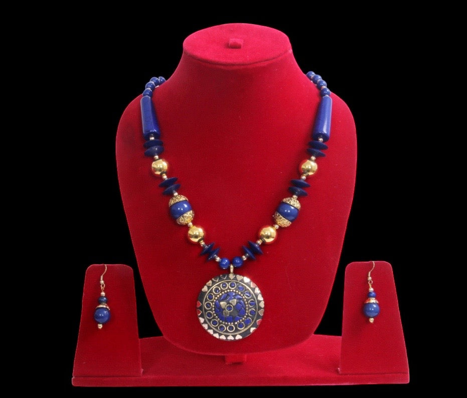 Enticing Blue Circular Pendant Wooden Beaded Colorful Stone Necklace And Earrings / Ruchi