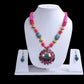 Big Pink And Blue Pendant Colorful Stone Beaded Necklace And Hoop Earrings Set / Ruchi