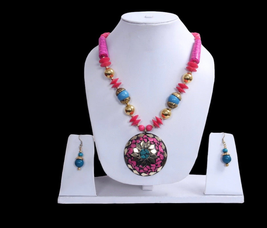 Big Pink And Blue Pendant Colorful Stone Beaded Necklace And Hoop Earrings Set / Ruchi