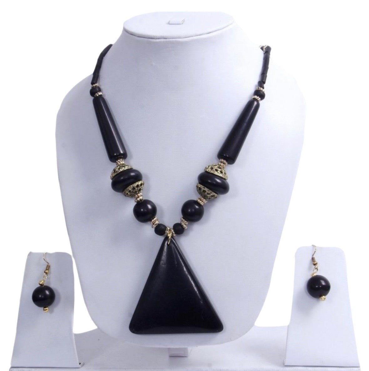 Black Elegant Triangular Pendant Wooden Beaded Necklace And Hoop Earrings Set / Ruchi