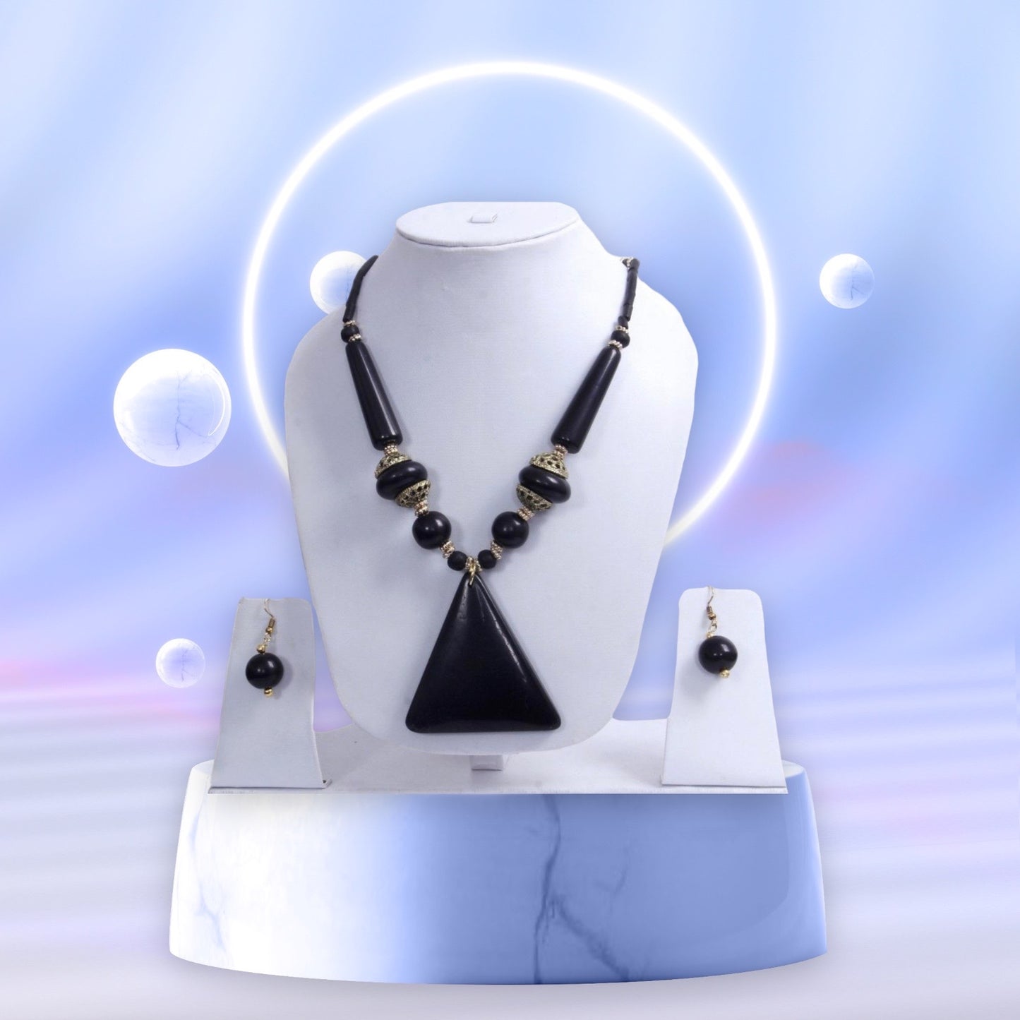 Black Elegant Triangular Pendant Wooden Beaded Necklace And Hoop Earrings Set / Ruchi