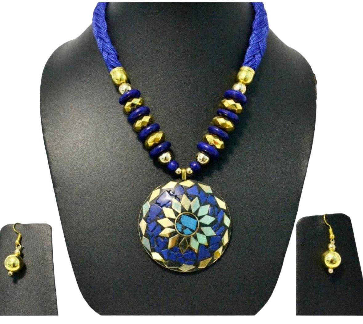 Blue-Gold Magnificent Wooden Beaded Necklace And Hoop Earrings Set / Ruchi