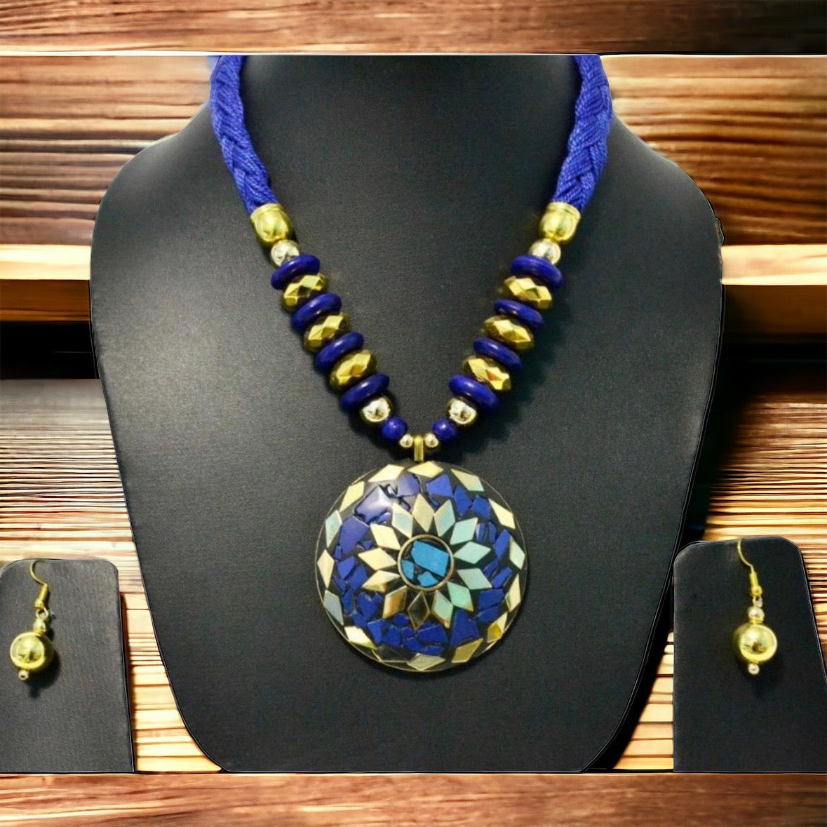 Blue-Gold Magnificent Wooden Beaded Necklace And Hoop Earrings Set / Ruchi