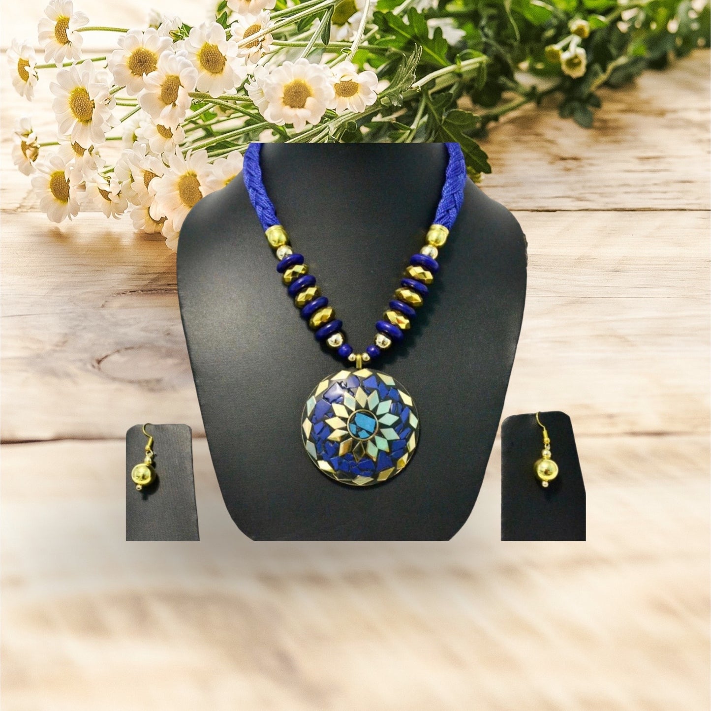 Blue-Gold Magnificent Wooden Beaded Necklace And Hoop Earrings Set / Ruchi