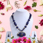 Enchanting Blue-Gold Floral Pendant Wooden Beaded Necklace And Hoop Earrings Set / Ruchi