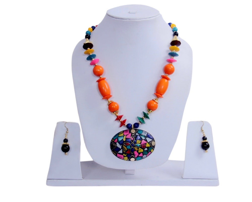 Big Colorful Pendant Orange Wooden Beaded Necklace And Hoop Earrings Set / Ruchi