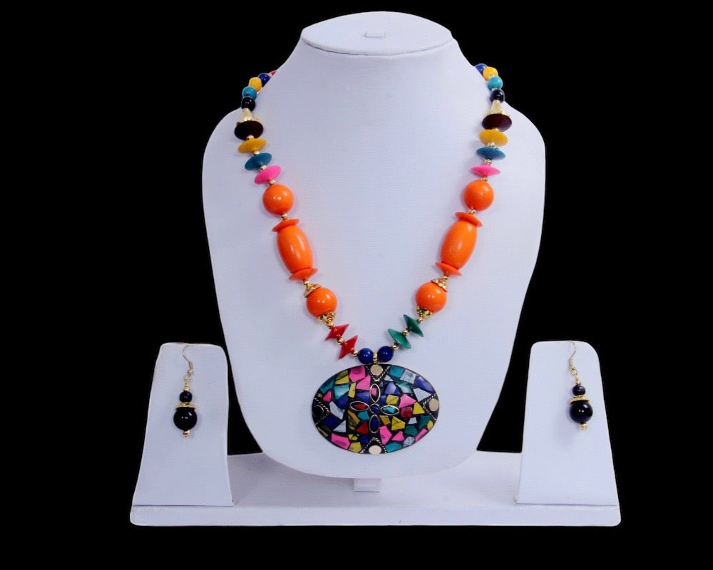 Big Colorful Pendant Orange Wooden Beaded Necklace And Hoop Earrings Set / Ruchi