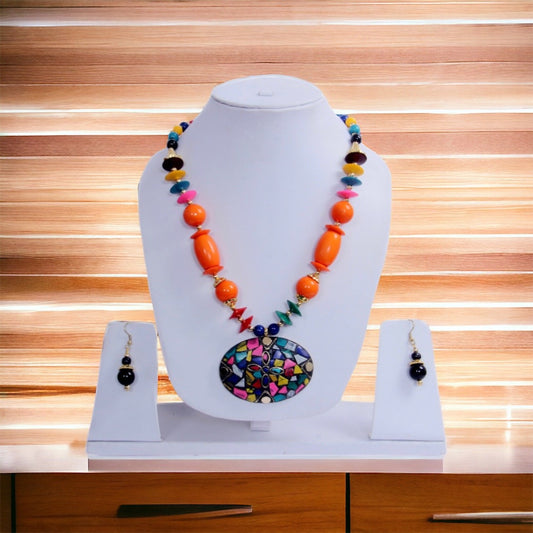 Big Colorful Pendant Orange Wooden Beaded Necklace And Hoop Earrings Set / Ruchi