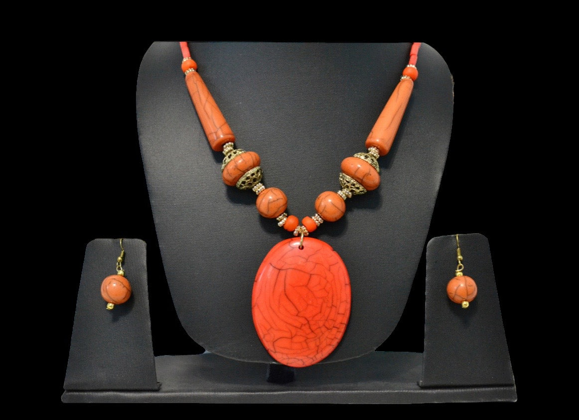 Charismatic Wooden Orange Beaded Necklace And Hoop Earrings Set / Ruchi