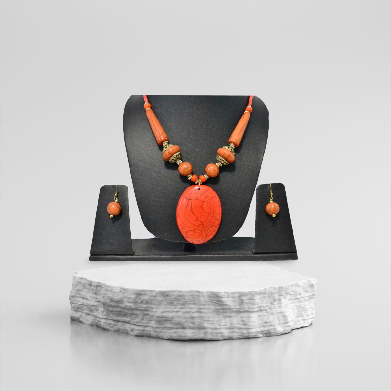 Charismatic Wooden Orange Beaded Necklace And Hoop Earrings Set / Ruchi