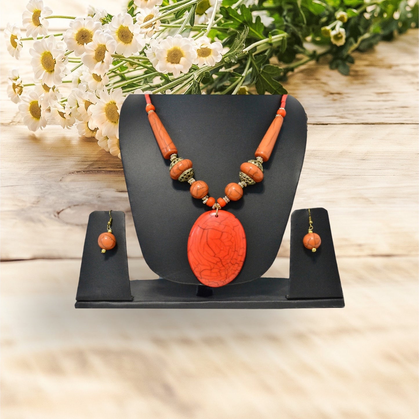 Charismatic Wooden Orange Beaded Necklace And Hoop Earrings Set / Ruchi