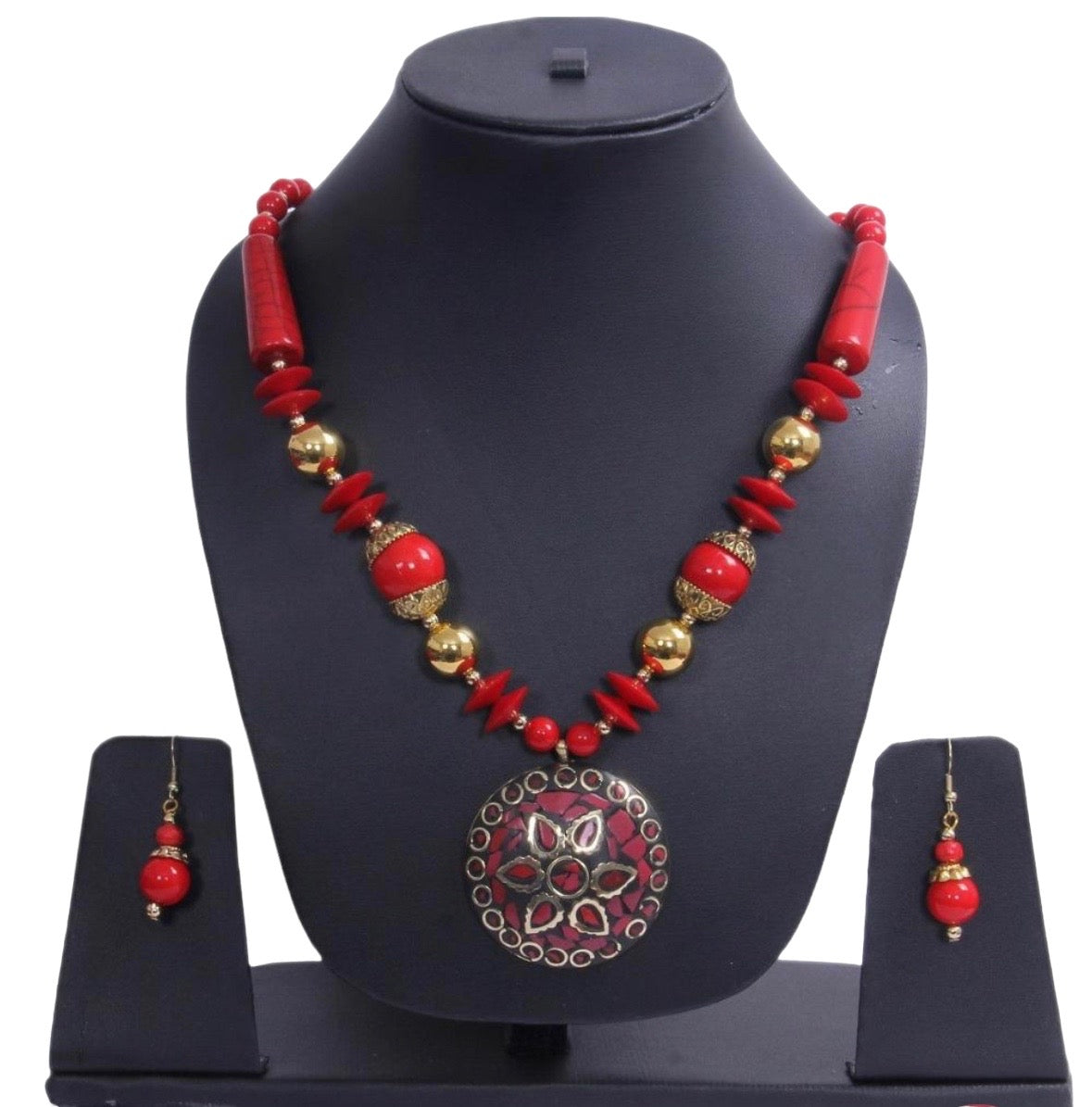 Beguiling Red-Gold Beaded Necklace And Hoop Earrings Set For Women / Ruchi