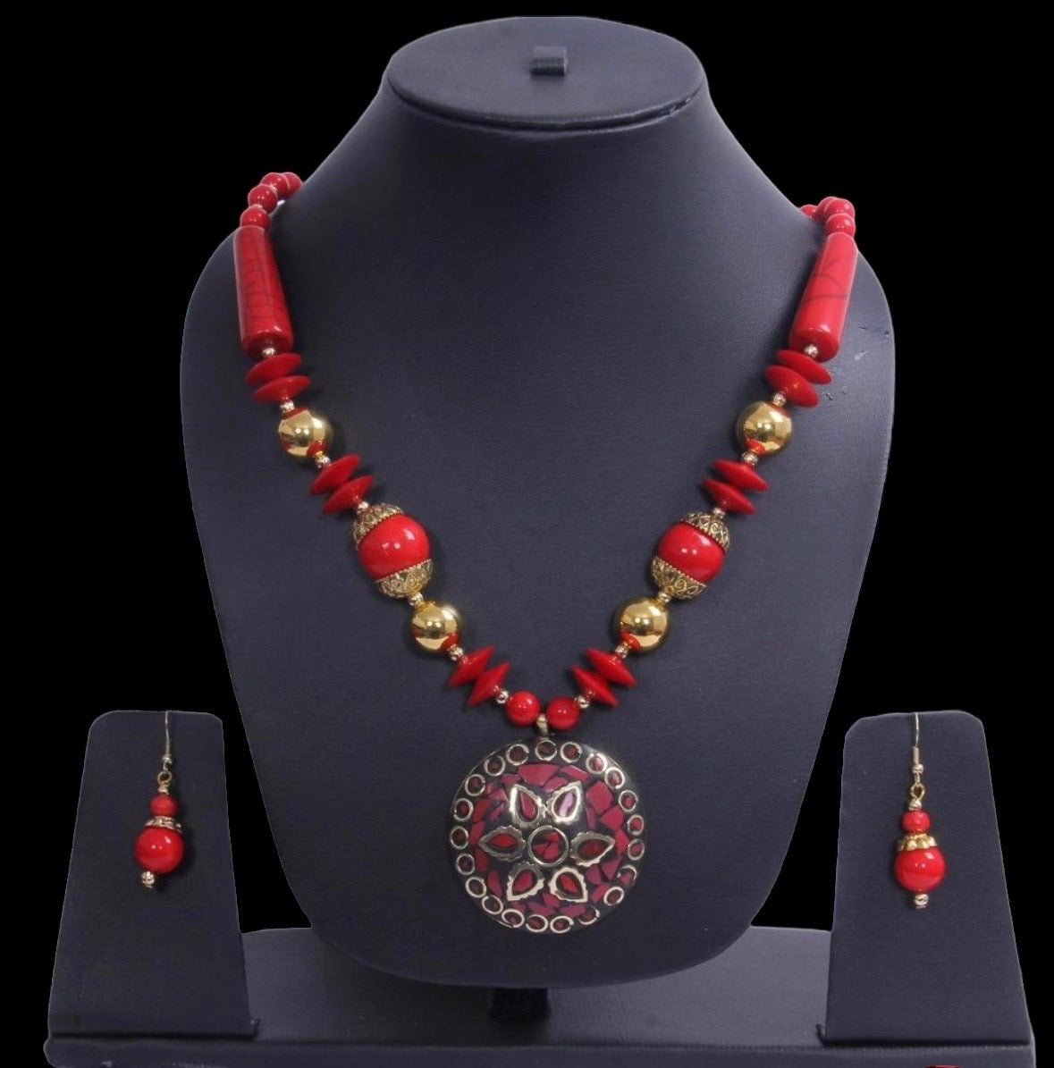 Beguiling Red-Gold Beaded Necklace And Hoop Earrings Set For Women / Ruchi