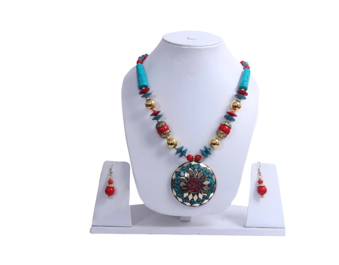 Big Circular Pendant Colorful Crystal Wooden Beaded Necklace And Earrings Set / Ruchi