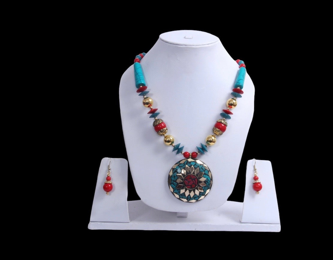 Big Circular Pendant Colorful Crystal Wooden Beaded Necklace And Earrings Set / Ruchi