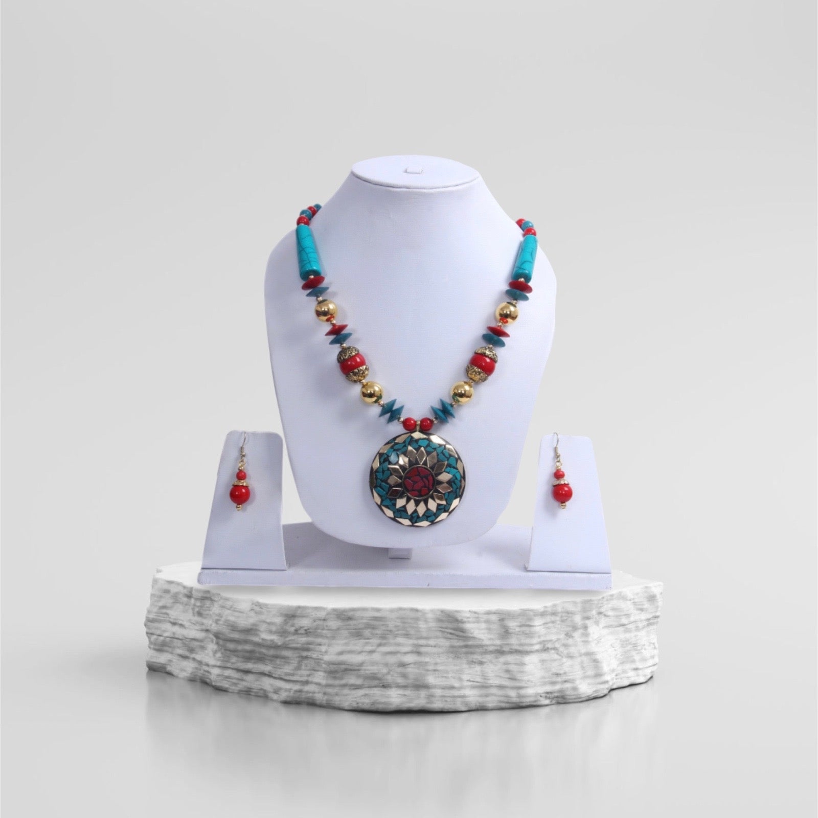 Big Circular Pendant Colorful Crystal Wooden Beaded Necklace And Earrings Set / Ruchi