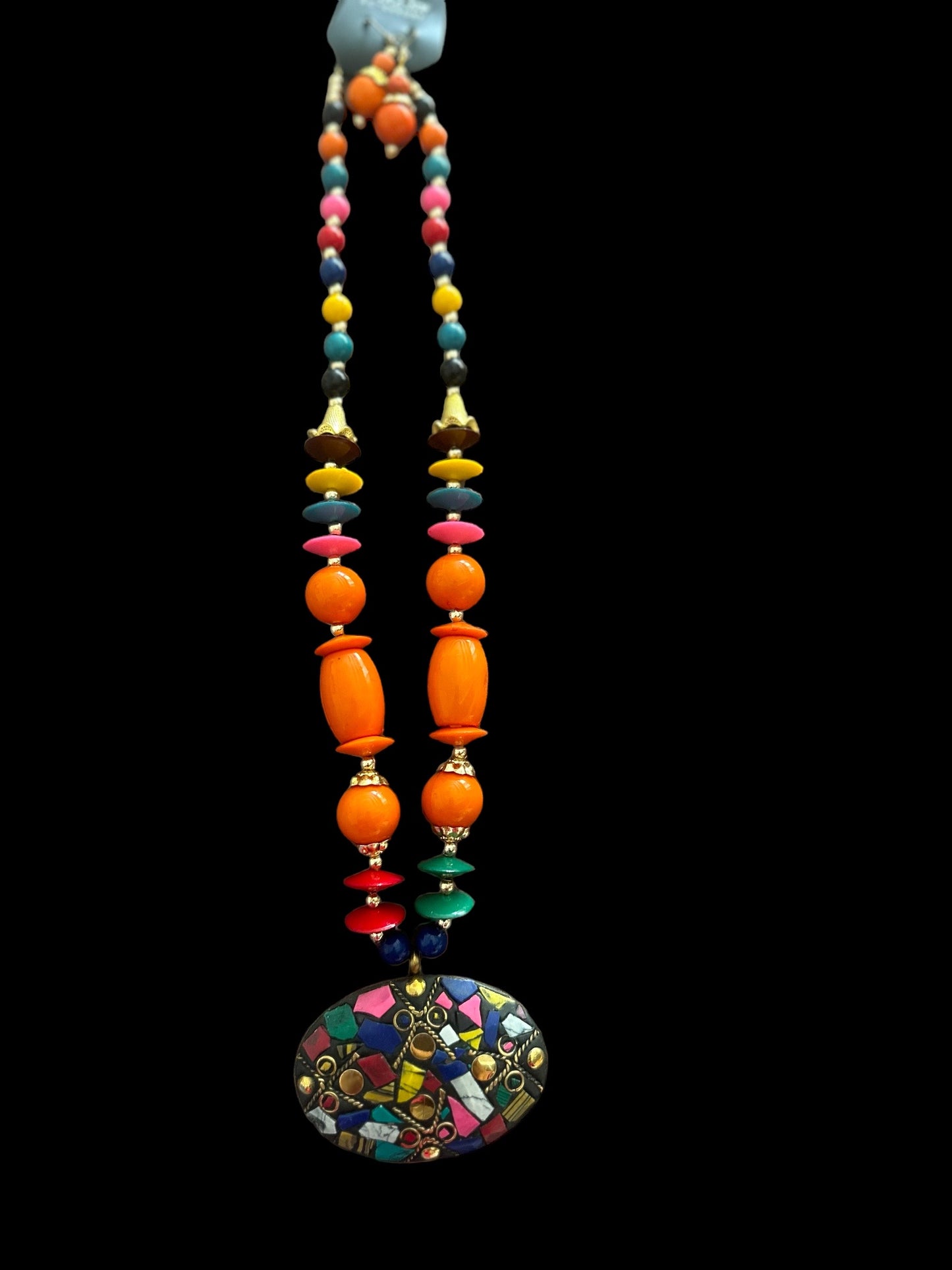 Endearing Pendant Multicolored Beaded Necklace And Earrings Set / Ruchi