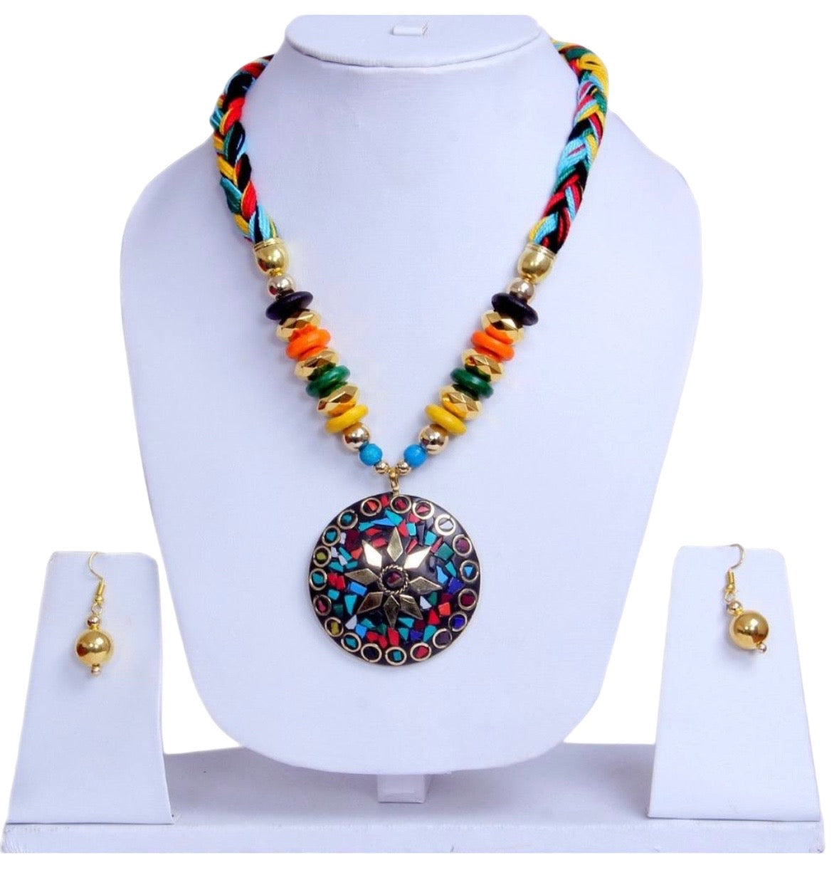 Big Circular Pendant Colorful Crystal Wooden Beaded Necklace And Earrings Set / Ruchi