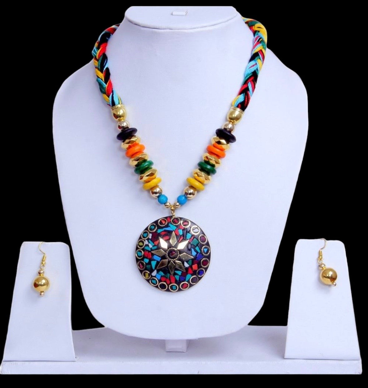 Big Circular Pendant Colorful Crystal Wooden Beaded Necklace And Earrings Set / Ruchi