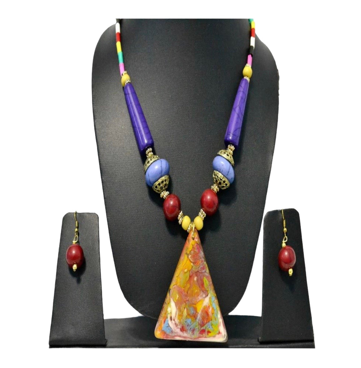 Enticing Triangular Multicolored Pendant Wooden Beaded Necklace And Earrings Set / Ruchi