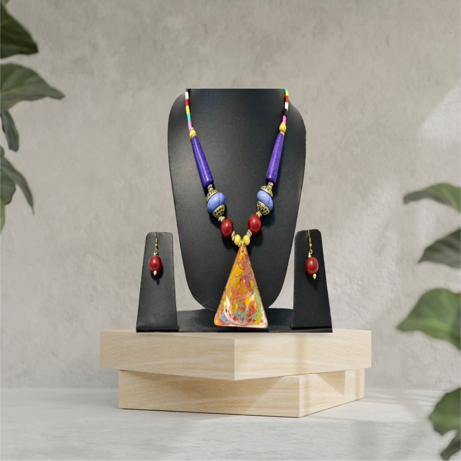 Enticing Triangular Multicolored Pendant Wooden Beaded Necklace And Earrings Set / Ruchi