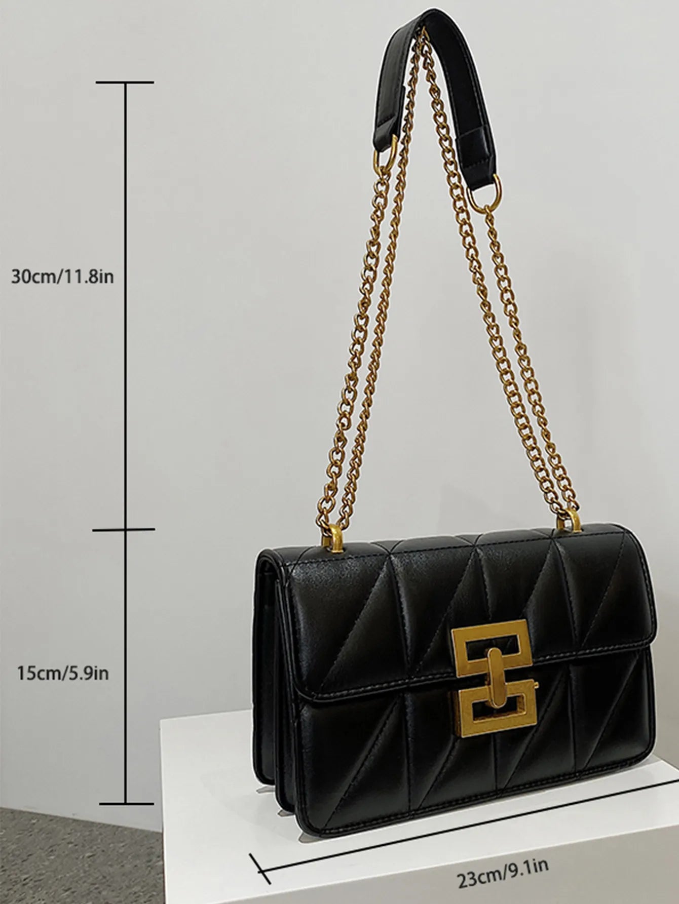 Diamond Design Hasp PU Women Commuter Black Shoulder Bag With Long Chain / Ruchi