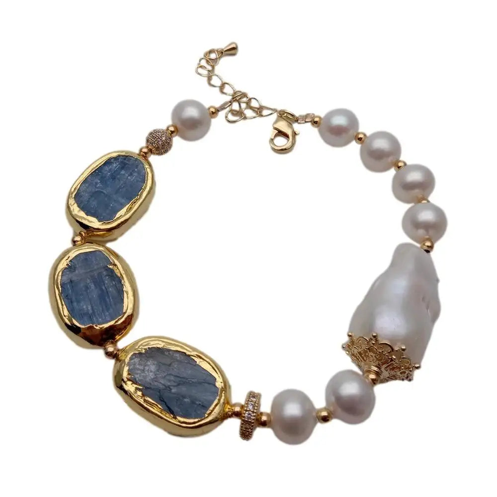 Elegant Blue Kyanite White Freshwater Pearl Metal Strand Bracelet / Ruchi