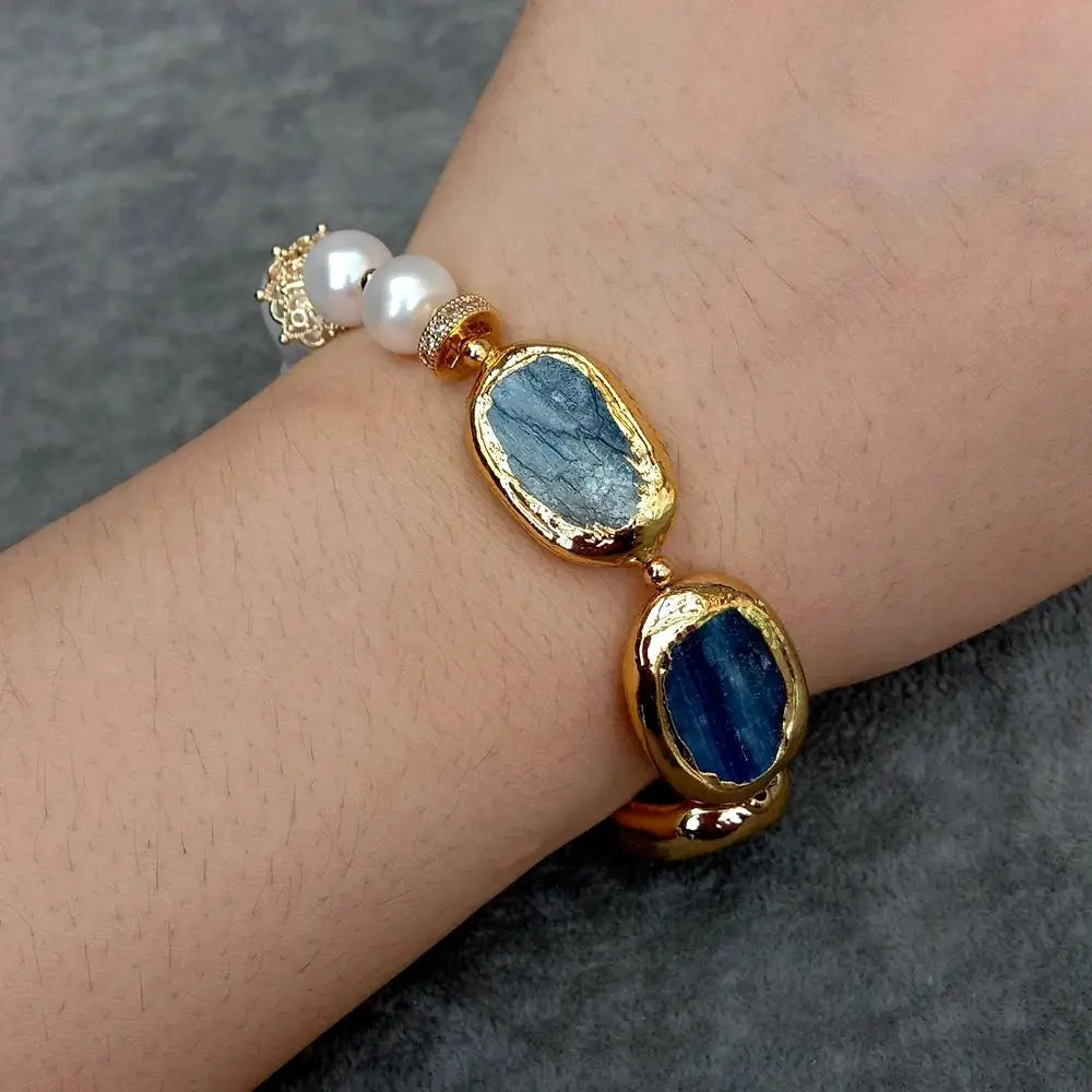 Elegant Blue Kyanite White Freshwater Pearl Metal Strand Bracelet / Ruchi