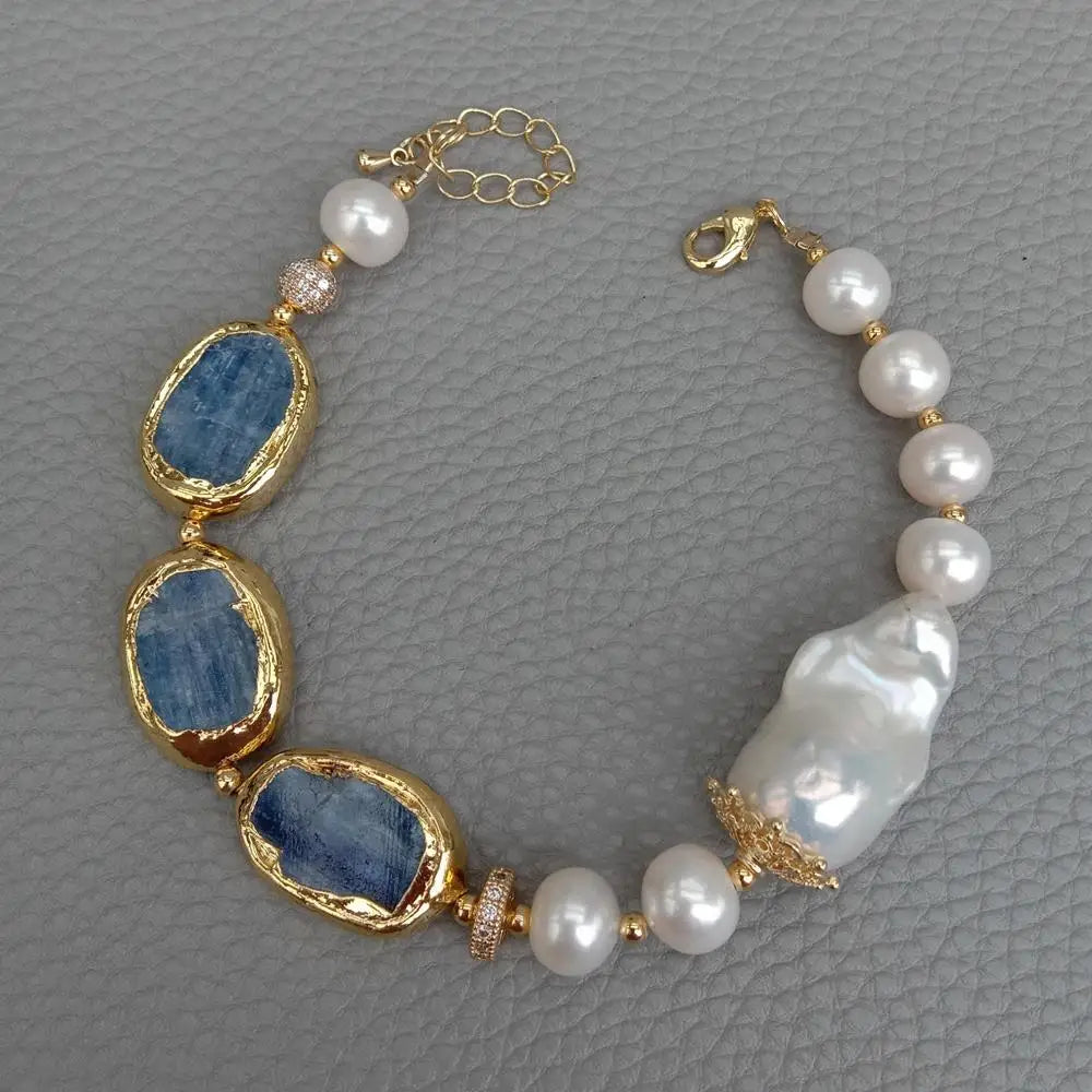 Elegant Blue Kyanite White Freshwater Pearl Metal Strand Bracelet / Ruchi