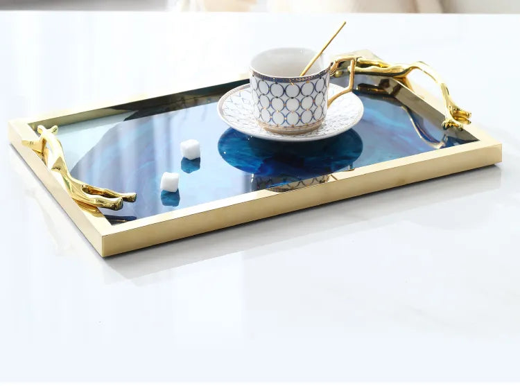 Agate Textured Golden Handled Glass Top Serving Tray / Ruchi