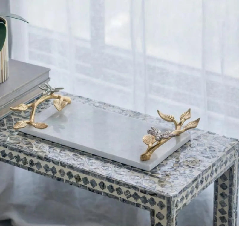 Creative Marble Storage Tray With Irregular Golden Colored Handle / Ruchi