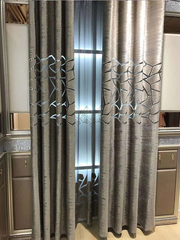 Elegant Crack Design Embellished Brown Velvet Fabric Window Curtain / Ruchi