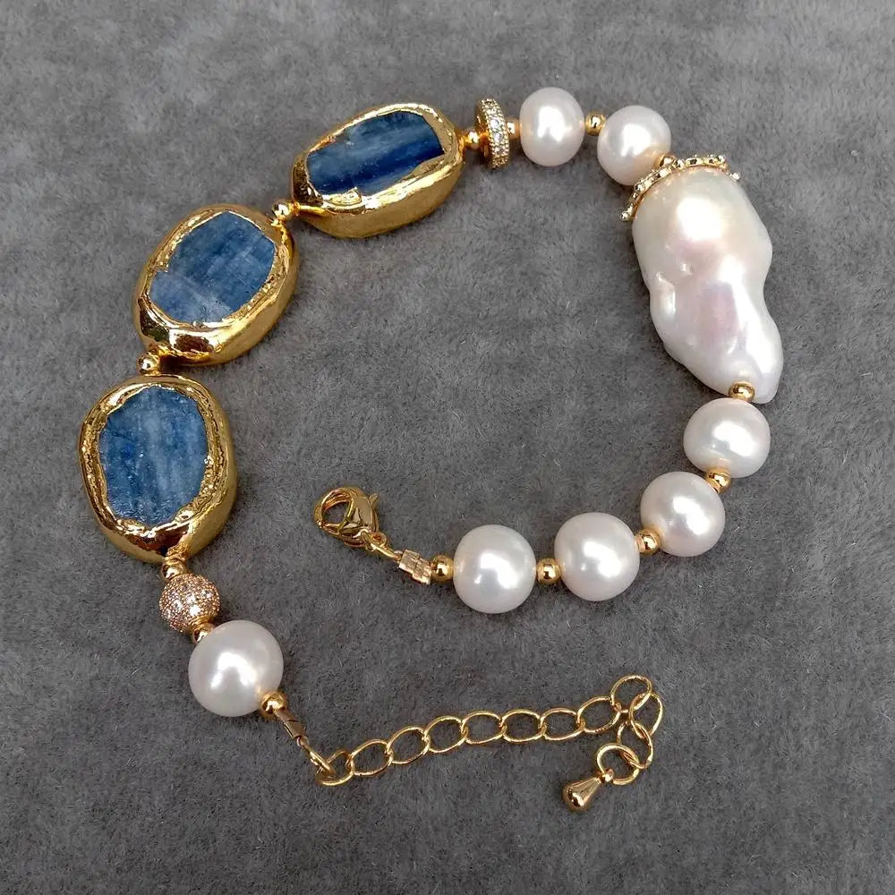 Elegant Blue Kyanite White Freshwater Pearl Metal Strand Bracelet / Ruchi