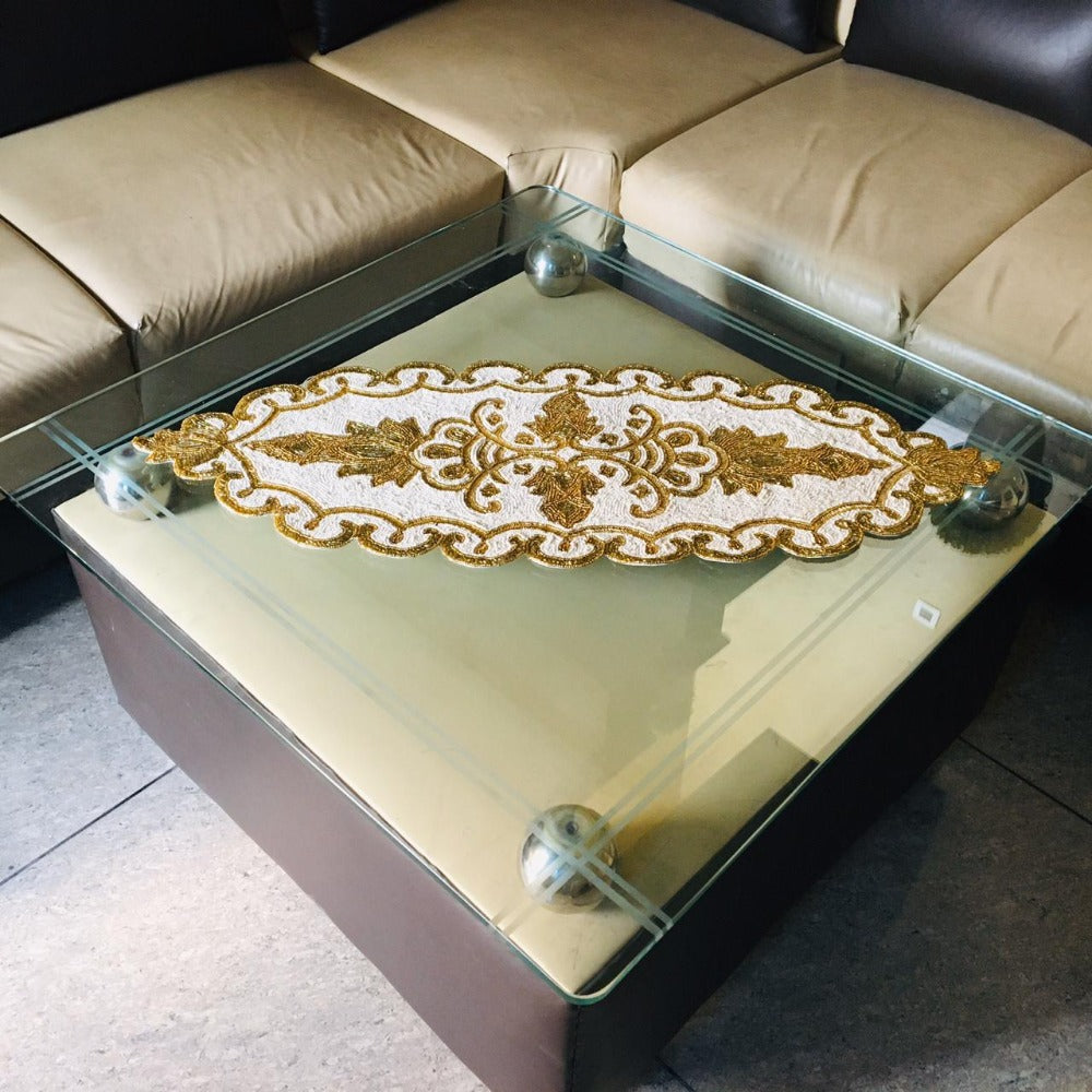 Enchanting Scalloped Edge Design Gold And White Beaded Table Runner / Ruchi