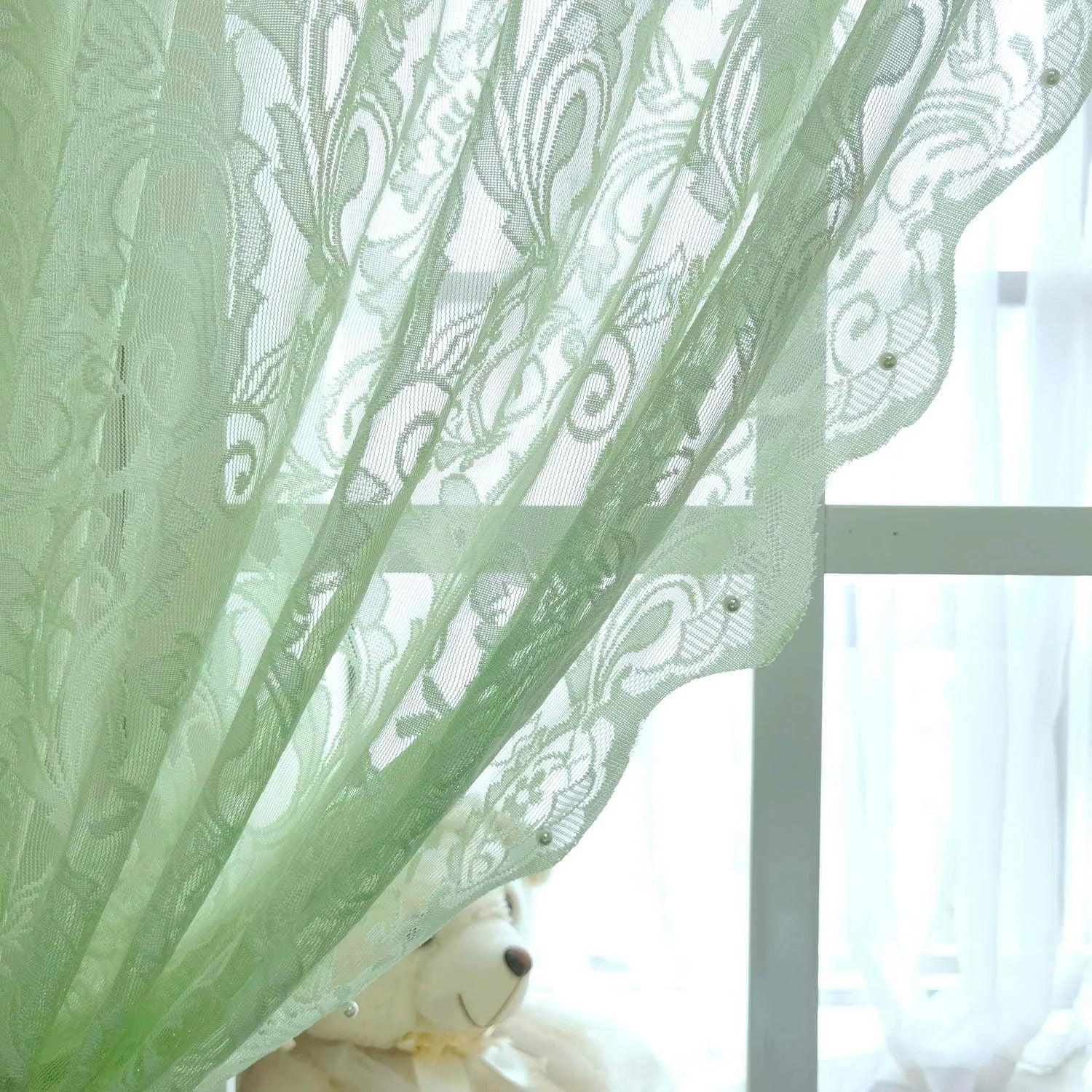 2 Pieces Green Valance Style Tulle Polyester Window Curtain / Ruchi