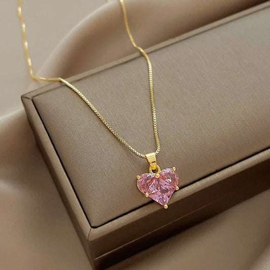 Endearing Pink Crystal Love Pendant Golden Metal Necklace / Ruchi