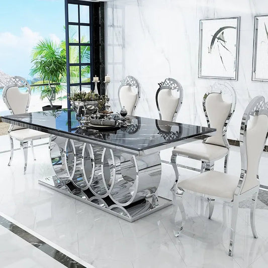 Chrome Circular Base Design Marble Top Dining Table Set With 6 Chairs / Ruchi