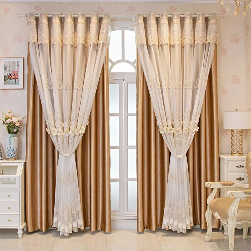 Enchanting Three Flowers Embellished Polyester Fabric Window Curtain / Ruchi