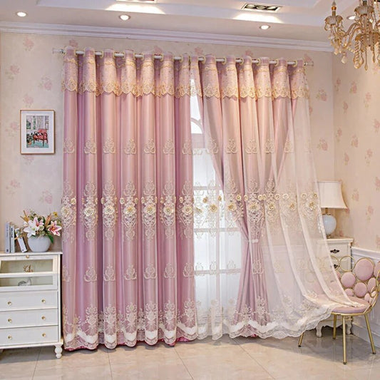 Enchanting Three Flowers Embellished Polyester Fabric Window Curtain / Ruchi