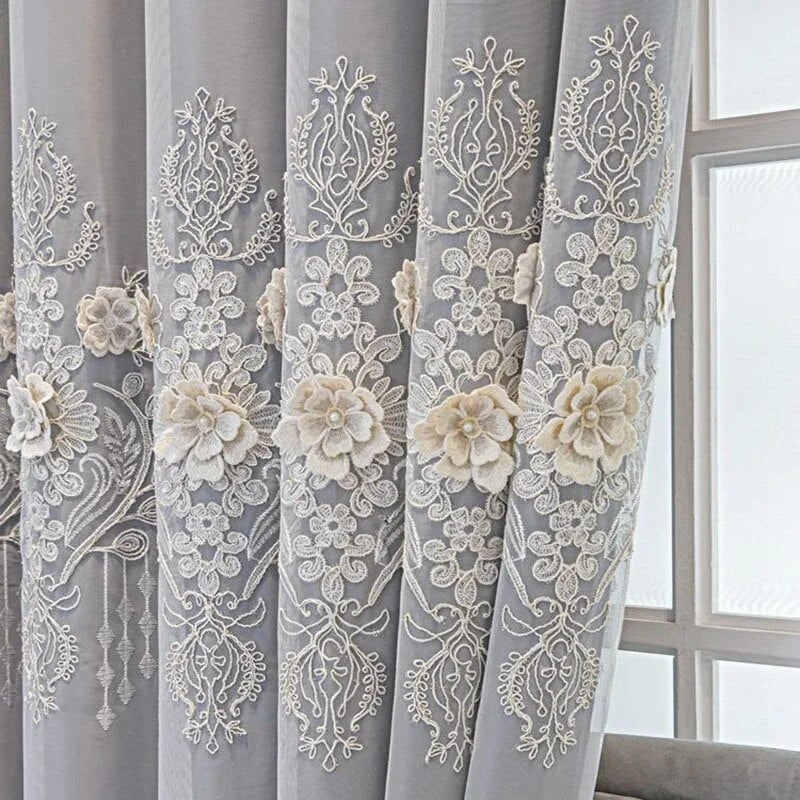 Enchanting Three Flowers Embellished Polyester Fabric Window Curtain / Ruchi