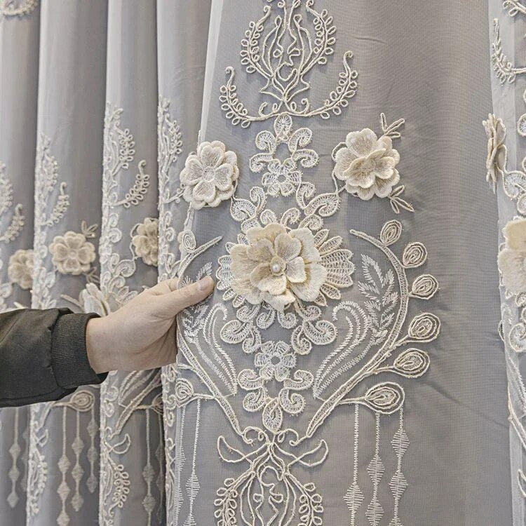 Enchanting Three Flowers Embellished Polyester Fabric Window Curtain / Ruchi