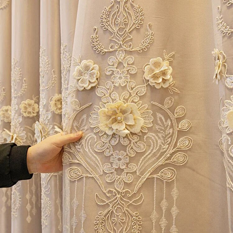 Enchanting Three Flowers Embellished Polyester Fabric Window Curtain / Ruchi