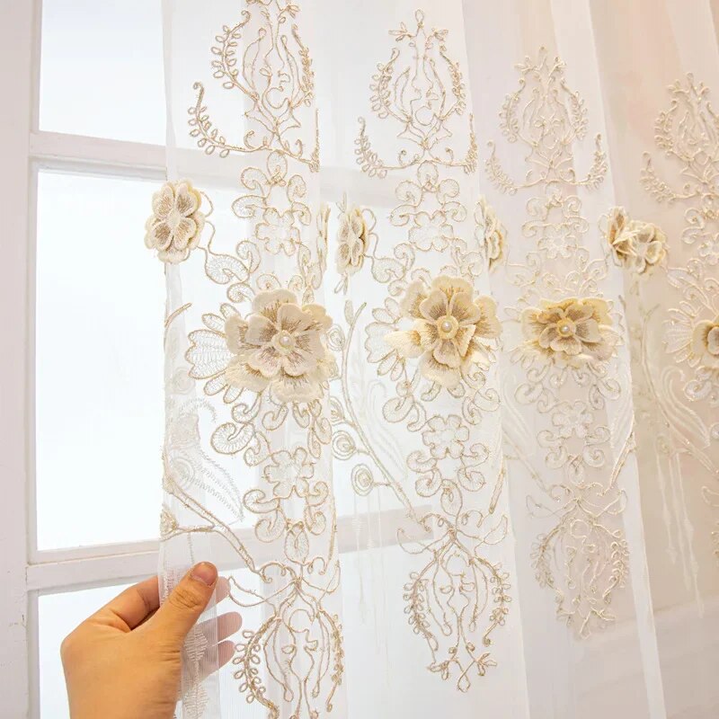 Enchanting Three Flowers Embellished Polyester Fabric Window Curtain / Ruchi