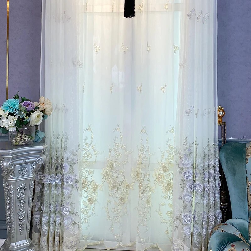 3D Flower Motif Embellished Polyester Fabric Voile Window Curtain / Ruchi