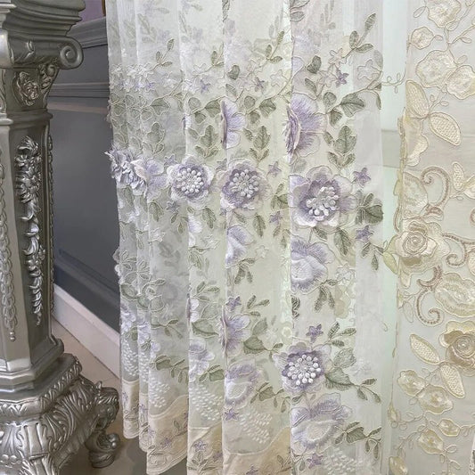 3D Flower Motif Embellished Polyester Fabric Voile Window Curtain / Ruchi
